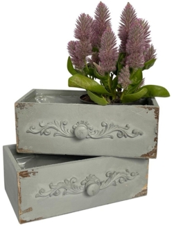 Online-Fuchs Blumentopf 2er Set Schubladen im Vintage Stil Blumen Kräuter Grau P38 (Maße ca. 25 cm lang, 13,5 cm tief und 9,5 cm hoch, Blumenschale, wasserdicht), mit Ornamenten verziert, Blumenkasten