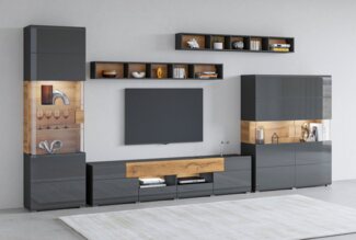 INOSIGN Wohnwand Toledo,Breite 391cm stilvolle Mediawand ohne Beleuchtung, (Set, 5-St), Anbauwand(Vitrine,Lowboard,Highboard,2xHängeregal)MDF Hochglanzfronten