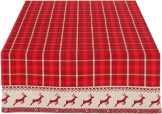 Clayre & Eef Tischdecke Tischläufer Weihnachten, Rot Kariert mit Rentieren, 50x140 cm, Glattes Gewebe, Hirschdesign, landhausstil