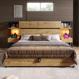 MODFU Holzbett mit Schubladen und Stauraum (Doppelbett, 1-tlg, 160×200cm, mit Matratze (H25cm), mit USB&Type-C Ladeanschluss