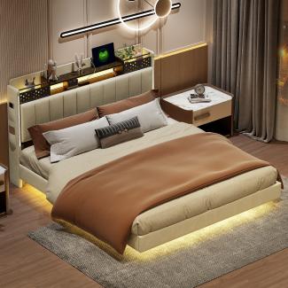 Merax Polsterbett, LED Schwebebett Doppelbett 160x200cm mit USB-Aufladen und Stauraum, beige