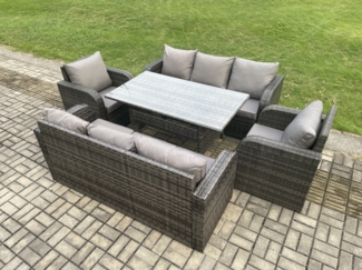 Fimous 8 Sitzer Rattan Garten Sofa Set Gartenmöbel Langer Rechteckiger Esstisch mit Sessel 3 Sitzer Sofa Dunkelgrau gemischt