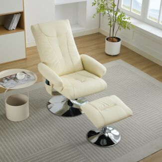 Sessel 76x75x103 cm, Relaxsessel mit 5‑Punkt‑Massage, Sitzheizung, 140° Neigung & 360° Drehfunktion, PU Beige