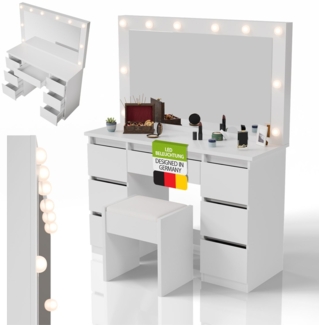 Juskys Schminktisch Lilia mit LED-Beleuchtung & Hocker Melly, 7 Schubladen, stufenlos dimmbar, 3 Farbtemperaturen, Stauraum, elegantes Design – Weiß