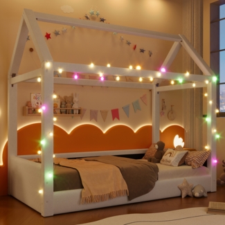 Merax Kinderbett Hausbett 90x200cm mit LED-Lichtleisten, Polsterbett Bodenbett mit Rausfallschutz, Einzelbett Gepolstertes Tagesbett, Leinen, Beige