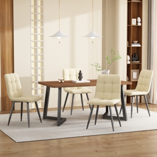 Merax Essgruppe (5-tlg),Esstisch mit 4 Stühlen Set, Moderner Küchentisch Set , Holzmaserung Küchentisch mit Schwarz Metallbeinen, MDF Tischplatte in Walnussfarbe,Beige Samt Esszimmerstühle