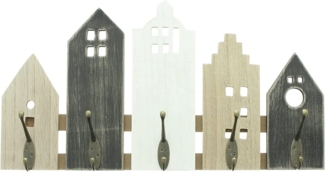 Dekoleidenschaft Wandgarderobe "Skyline" Holz Garderobe, 5 Doppelhaken, Hakenleiste, Garderobenleiste, Garderobenpaneel mit Haken aus Metall, Kleiderhaken, Flurgarderobe