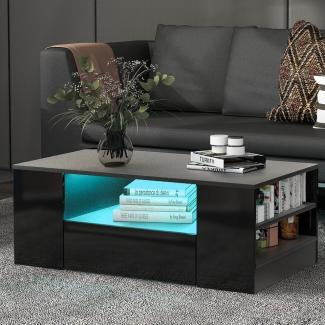 Merax Couchtisch hochglanz Sofatisch mit LED-Beleuchtung, Wohnzimmertisch, Beistelltisch mit 4 Ablage und 2 Schubladen inkl. Fernbedienung