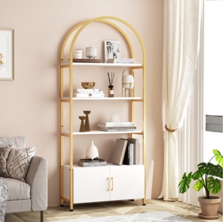 GarveeMore Bücherregal Gewölbtes mit 2 Türen,stabilem Metallrahmen,181cm, 4-stöckiges gewölbtes Ausstellungsregal für Büro,Schlafzimmer,weiß