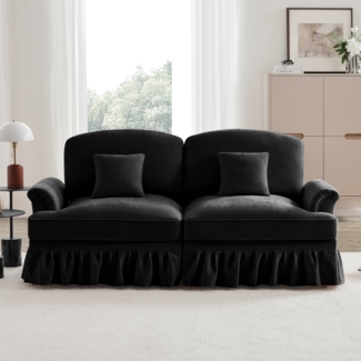 Elegantes großes 2-Sitzer Sofa, mittelalterlich-moderner Stil, flared Armlehnen, abnehmbarer Volant, Holzbeine, bequemer Chenille-Stoff, ideal für Wohnzimmer, Schwarz
