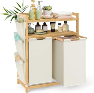 SONGMICS Wäschekorb 2 Fächer, Bambus, Wäschesammler 100 L, Wäschesortierer, mit Ablagen, Wäschesack, kleine seitliche Taschen, Wäscheregal, 2 x 50 L, 63 x 33 x 98 cm
