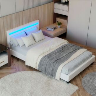 Juskys 'Paris' Polsterbett mit LED-Beleuchtung, Kunstleder, Weiß, 120x200 cm, ohne Matratze