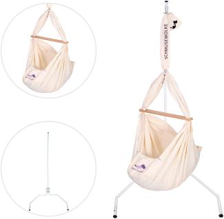 SCHMUSEWOLKE Baby Federwiege Babyhängematte Babywiege Reisebett | BIO-Baumwolle mit Schafwollmatratze | Ab der Geburt bis 3 Jahre | incl. Gestell PopArt weiss (unbedrenklich bis 40kg)