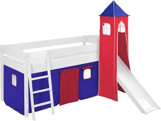 Lilokids 'Ida 4105' Spielbett 90x200 cm, Blau Rot, Kiefer massiv, mit Turm, Rutsche und Vorhang