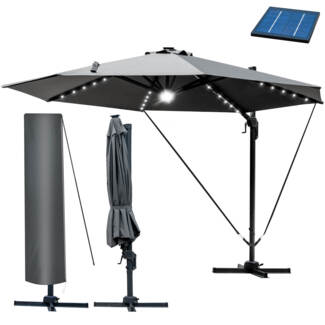 BRAST Alu Sonnenschirm Ampelschirm Ø300cm Grau + LEDs Schützhülle UV-Schutz 50+ wasserabweisend drehbar & höhenverstellbar