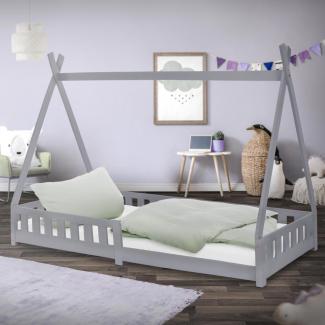 ML-DESIGN Kinderbett Hausbett mit Rausfallschutz und Lattenrost Massivholz, Bett 90x200 Hellgrau aus Kiefernholz Spielbett Zelt mit Zaun