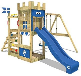 WICKEY 'Spielturm Ritterburg RoyalFlyer', mit Schaukel & blauer Rutsche, Spielhaus mit Sandkasten, Kletterleiter & Spiel-Zubehör