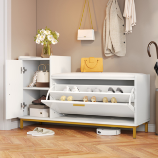 Schuhschrank Weiß Gold Hochglanz mit Sitzbank, 2-stöckiges Schuhregal & Schrank, verstecktes Regal Eingangsban