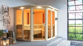 Karibu Kombi-Sauna Ava inkl. Infrarotstrahler Innensauna 3 Sitzbänke aus Holz Saunakabine mit 68 mm Wandstärke Dampfsauna mit Montagematerial