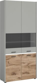 xonox.home Wohnzimmer Celino Vitrine Glas Schrank in hellgrau Nb. Abs. Nox Oak, ca. 85x195x37 cm inkl. Frontbeleuchtung