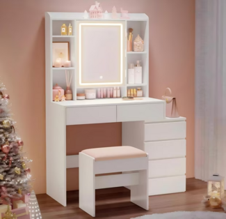 Vasagle Schminktisch mit Spiegel, Hocker und LED-Beleuchtung, Holzspanplatte Wolkenweiß, 97,5 x 40 x 145 cm