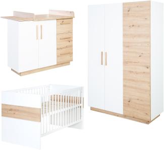 roba Kinderzimmerset Babyzimmerset 'Lion' 3-teilig - Kombi-Kinderbett 70x140 + Wickelkommode breit + Kleiderschrank 3-türig - Weiß - Dekor 'Artisan Eiche'