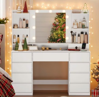 VASAGLE Schminktisch mit Spiegel und LED-Leuchten, Steckdosenleiste, Schubladen (1 Tisch), 2 Schränke, 9 dimmbare Glühbirnen, 3 Lichtfarben, verstellbare Ablagen