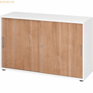 Büroschrank Aktenschrank Schiebetürenschrank, Weiß/Nussbaum, Metallgriff, 74,8 x 40 x 120 cm