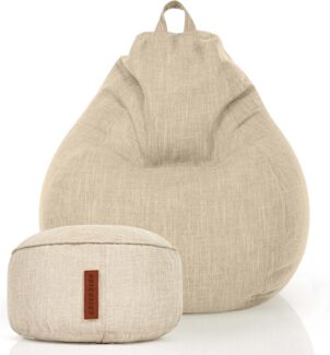 Green Bean© 2er Set Indoor Sitzsack "Home Linen" + Hocker mit EPS-Perlen Füllung - Sitz-pouf Sitzkissen Sitzhocker Bean Bag Sand Creme