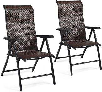 COSTWAY 2er Set Polyrattan Klappstühle, Hochlehner aus Rattan, verstellbare Rückenlehne, wetterfester klappbarer Gartenstuhl Gartensessel Balkonstuhl für Garten, Balkon & Terrasse