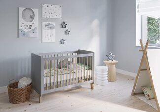 FabiMax 'Nachteule' Kinderbett, 60x120 cm, grau/natur, Kiefer massiv, 3-fach höhenverstellbar, umbaubar, mit Matratze Comfort