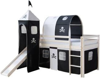 Homestyle4u Kinderbett Hochbett Spielbett Kiefer Massiv Pirat weiß + Rutsche Turm