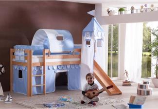 Relita Halbhochbett ALEX-13 mit Rutsche/Turm/Tunnel Buche massiv natur lackiert mit Stoffset blau/Boy