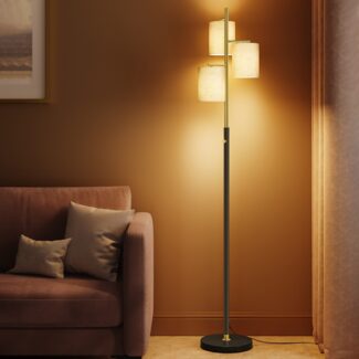VASAGLE Stehleuchte, Standleuchte, Stehlampe mit 3 Glühbirnen, verstellbare Helligkeit, modern, Lampenschirm aus Stoff, 3 E27 Fassungen, gold-schwarz LFL003B02