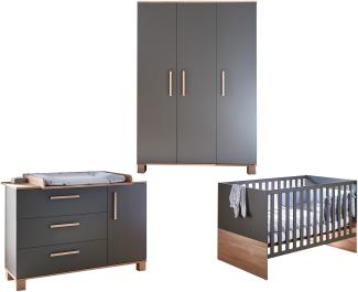 Arthur Berndt 'Cloe' Babyzimmer Komplettset 3-teilig, Kinderbett (70 x 140 cm), Wickelkommode mit Wickelaufsatz und Kleiderschrank Lava Matt / Eiche Sägerau