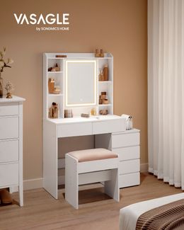 Vasagle Schminktisch mit Spiegel, Hocker und LED-Beleuchtung, Holzspanplatte Wolkenweiß, 97,5 x 40 x 145 cm
