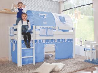 Relita Halbhohes Spielbett ALEX Buche massiv weiß lackiert mit Stoffset blau/boy