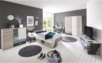 Jugendzimmer Set mit Schreibtisch 6-teilig LEEDS-10 in Sandeiche Nb. mit weiß, Lava und Denim Blau