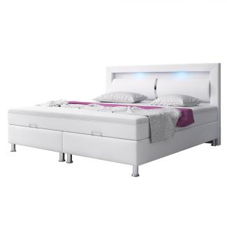 Inter 'Milano Plus' Boxspringbett mit Bettkasten, Matratze & Topper, LED-Beleuchtung, Kunstleder weiss, 180x200 cm