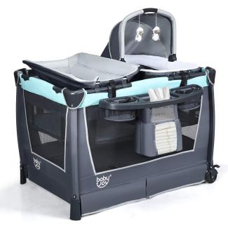 COSTWAY 4 in 1 klappbares Reisebett & Wickeltisch & Laufstall & Babywiege mit Schaukelfunktion, inkl. Babykorb, Wickelauflage, Matratze, Spieluhr, Spielzeug, Aufbewahrungsregal und Tragetasche Grün