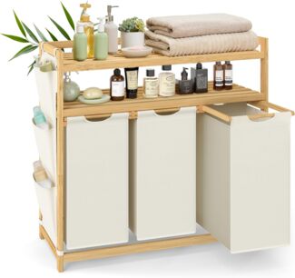 SONGMICS Wäschekorb 3 Fächer, Bambus, Wäschesammler 150 L, Wäschesortierer, mit Ablagen, Wäschesack, kleine seitliche Taschen, Wäscheregal, 3 x 50 L, 94 x 33 x 98 cm, cremeweiß RLHDE215W01