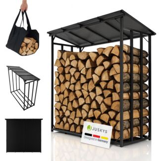 Juskys Kaminholzregal mit Dach - 185 cm, Metallregal für Brennholz, wetterfest, UV-beständige Plane, erhöhte Bodenfreiheit, Outdoor