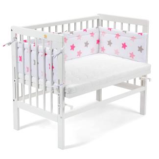 Fabimax 4602 'BASIC' Beistellbett weiß, inkl. Matratze 'CLASSIC' und Nestchen 'Sterne' rosa auf weiß