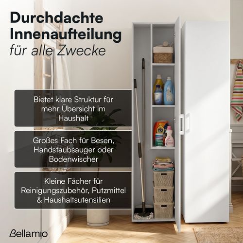 CHECK24 Dealz: Bellamio 'Apol' Mehrzweckschrank schmal, weiß, 176x33x40 cm, Besenschrank mit Staubsaugerfach und 3 kleinen Fächern – Internetbestpreis + 10 % App-Rabatt
