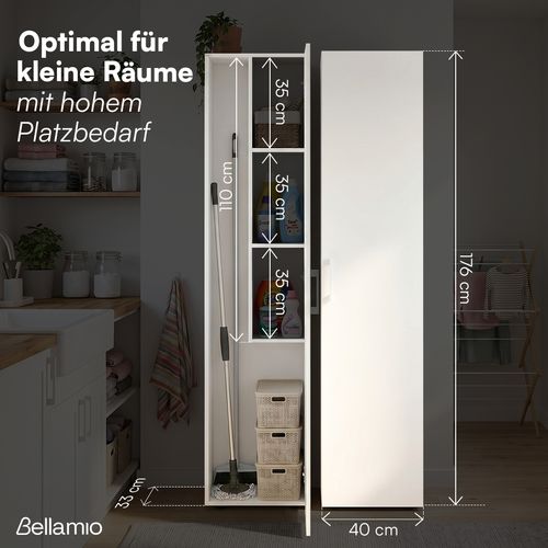 CHECK24 Dealz: Bellamio 'Apol' Mehrzweckschrank schmal, weiß, 176x33x40 cm, Besenschrank mit Staubsaugerfach und 3 kleinen Fächern – Internetbestpreis + 10 % App-Rabatt
