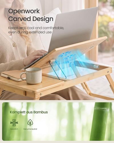 SONGMICS Laptoptisch für Bett, Laptopständer, Frühstückstablett, klappbare Beine, Bambus, höhenverstellbar, mit Schublade, 55 x 35 cm, für Laptops bis 15,6 Zoll, naturbeige Bild 5