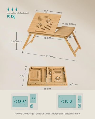 SONGMICS Laptoptisch für Bett, Laptopständer, Frühstückstablett, klappbare Beine, Bambus, höhenverstellbar, mit Schublade, 55 x 35 cm, für Laptops bis 15,6 Zoll, naturbeige Bild 6