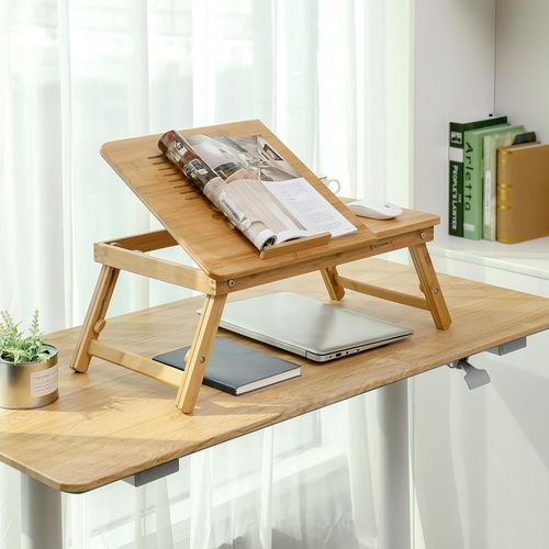 SONGMICS Laptoptisch für Bett, Laptopständer, Frühstückstablett, klappbare Beine, Bambus, höhenverstellbar, mit Schublade, 55 x 35 cm, für Laptops bis 15,6 Zoll, naturbeige Bild 9