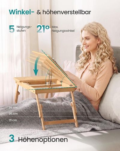 SONGMICS Laptoptisch für Bett, Laptopständer, Frühstückstablett, klappbare Beine, Bambus, höhenverstellbar, mit Schublade, 55 x 35 cm, für Laptops bis 15,6 Zoll, naturbeige Bild 3