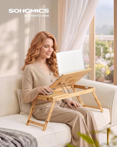SONGMICS Laptoptisch für Bett, Laptopständer, Frühstückstablett, klappbare Beine, Bambus, höhenverstellbar, mit Schublade, 55 x 35 cm, für Laptops bis 15,6 Zoll, naturbeige Bild 2